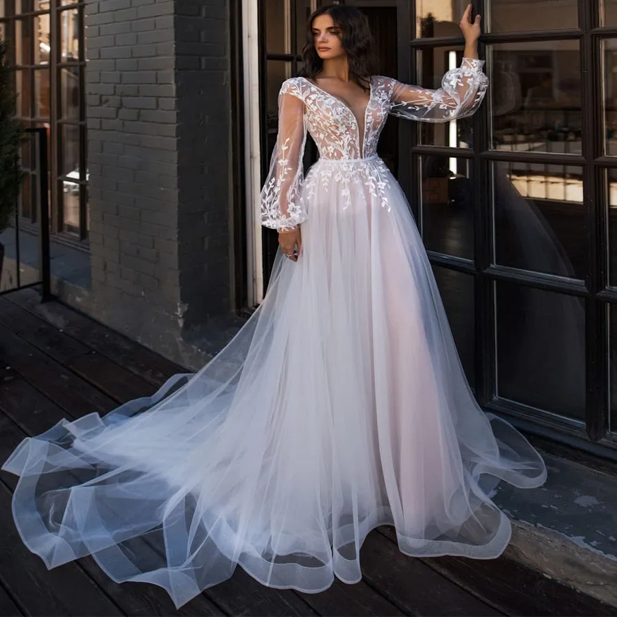 Boho Wedding Dress Puff Long Sleeves Appliques Princess Bridal Wedding Gown