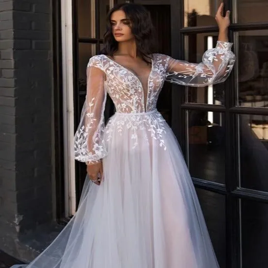 Boho Wedding Dress Puff Long Sleeves Appliques Princess Bridal Wedding Gown