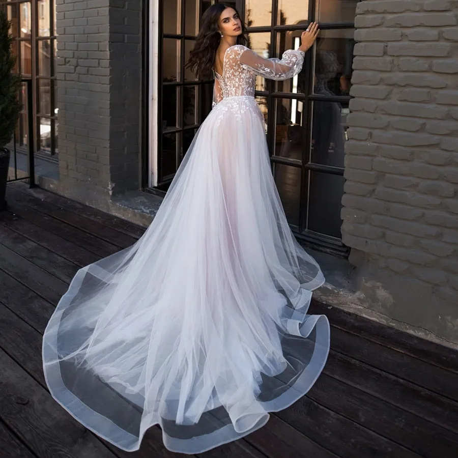 Boho Wedding Dress Puff Long Sleeves Appliques Princess Bridal Wedding Gown