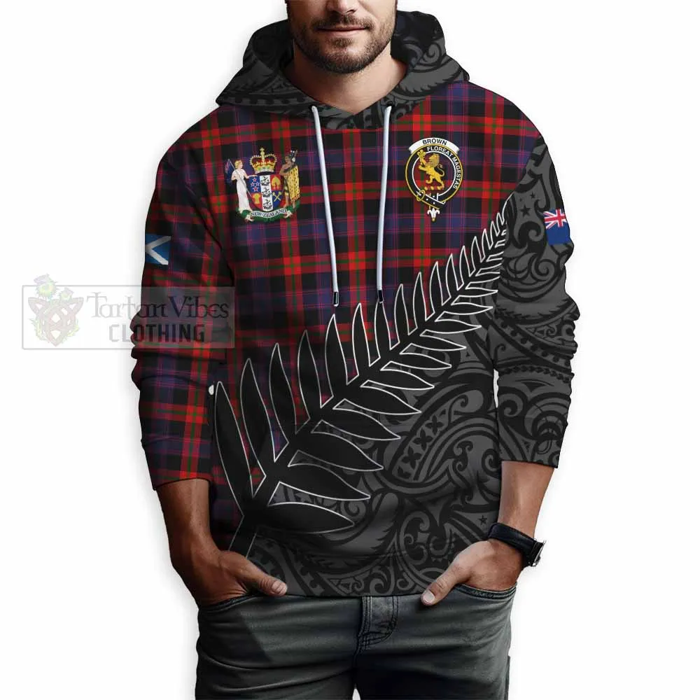 Brown (Broun) Crest Tartan Hoodie with New Zealand Silver Fern Half Style