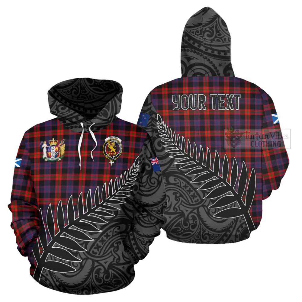 Brown (Broun) Crest Tartan Hoodie with New Zealand Silver Fern Half Style