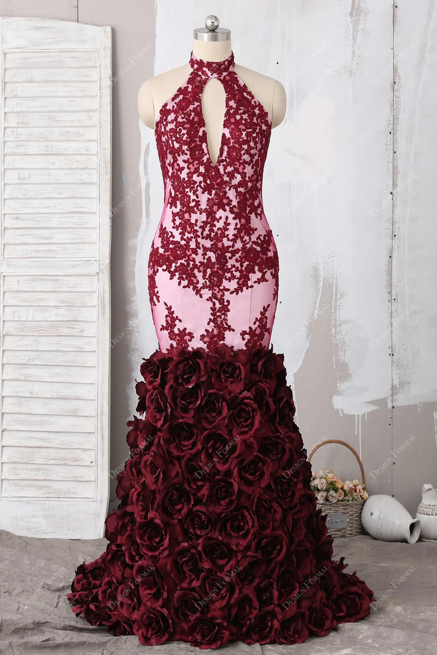 Burgundy 3D Rose Keyhole Halte Dramatic Trumpet Dress