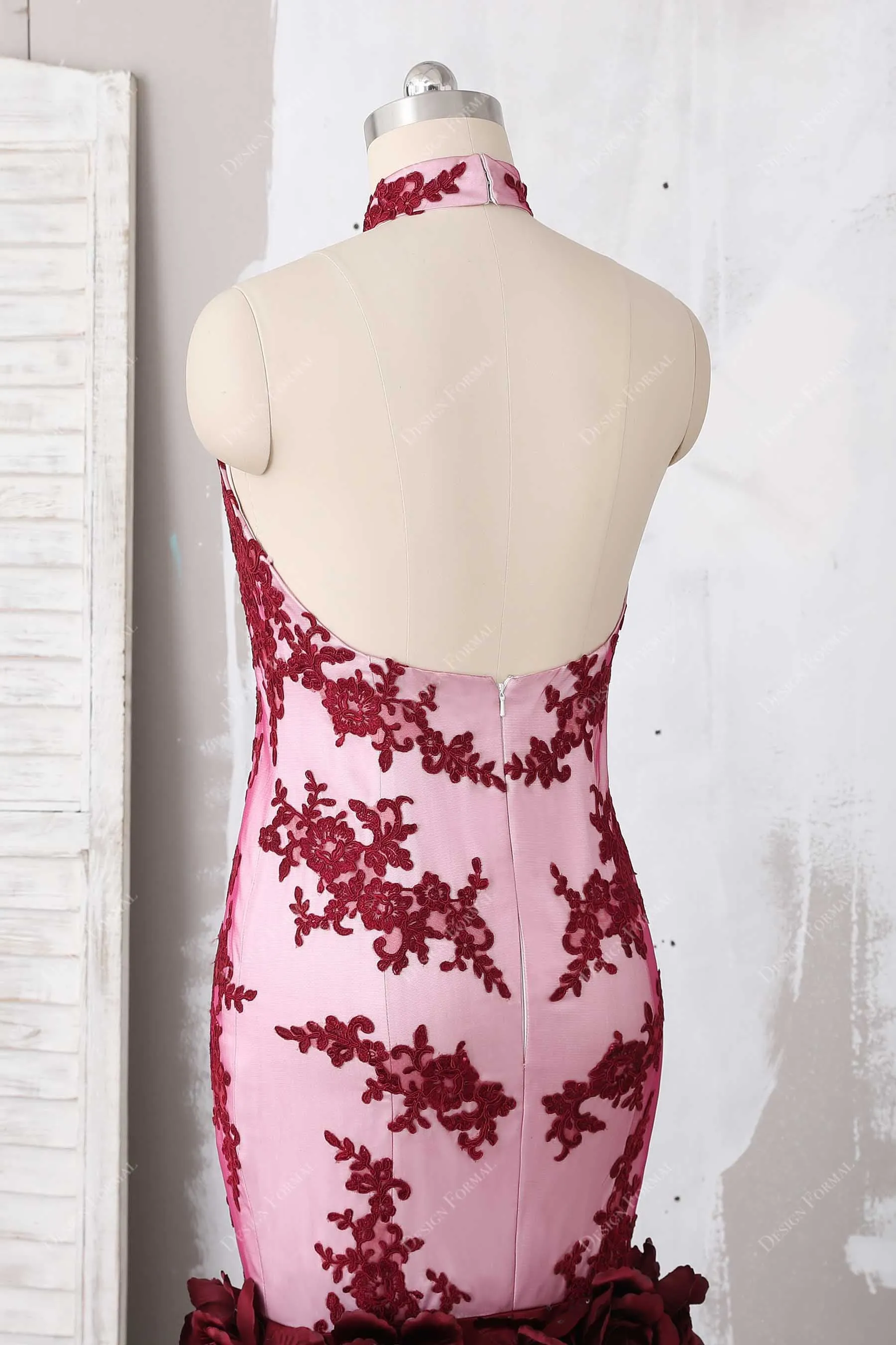 Burgundy 3D Rose Keyhole Halte Dramatic Trumpet Dress