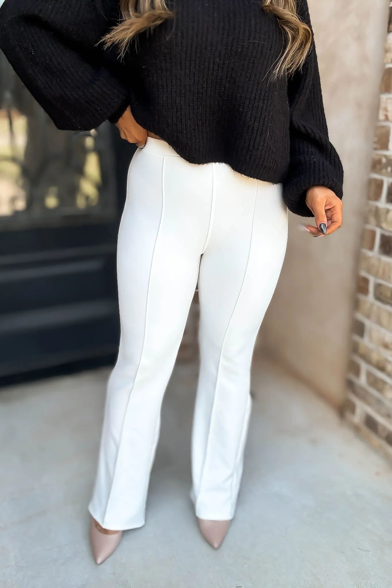 Business Casual Winter White Scuba Knit High Rise Pintuck Tailored Boot Pant