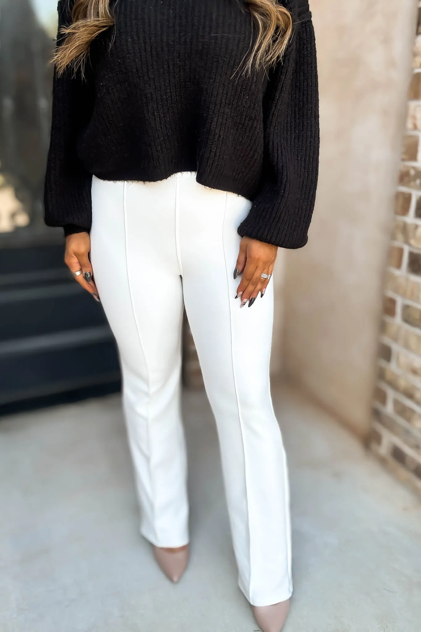 Business Casual Winter White Scuba Knit High Rise Pintuck Tailored Boot Pant