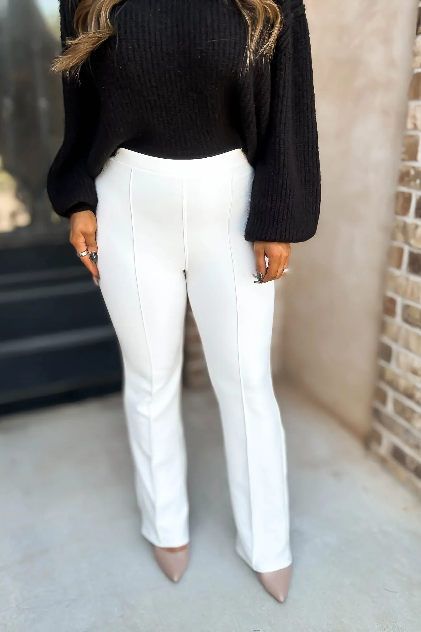 Business Casual Winter White Scuba Knit High Rise Pintuck Tailored Boot Pant