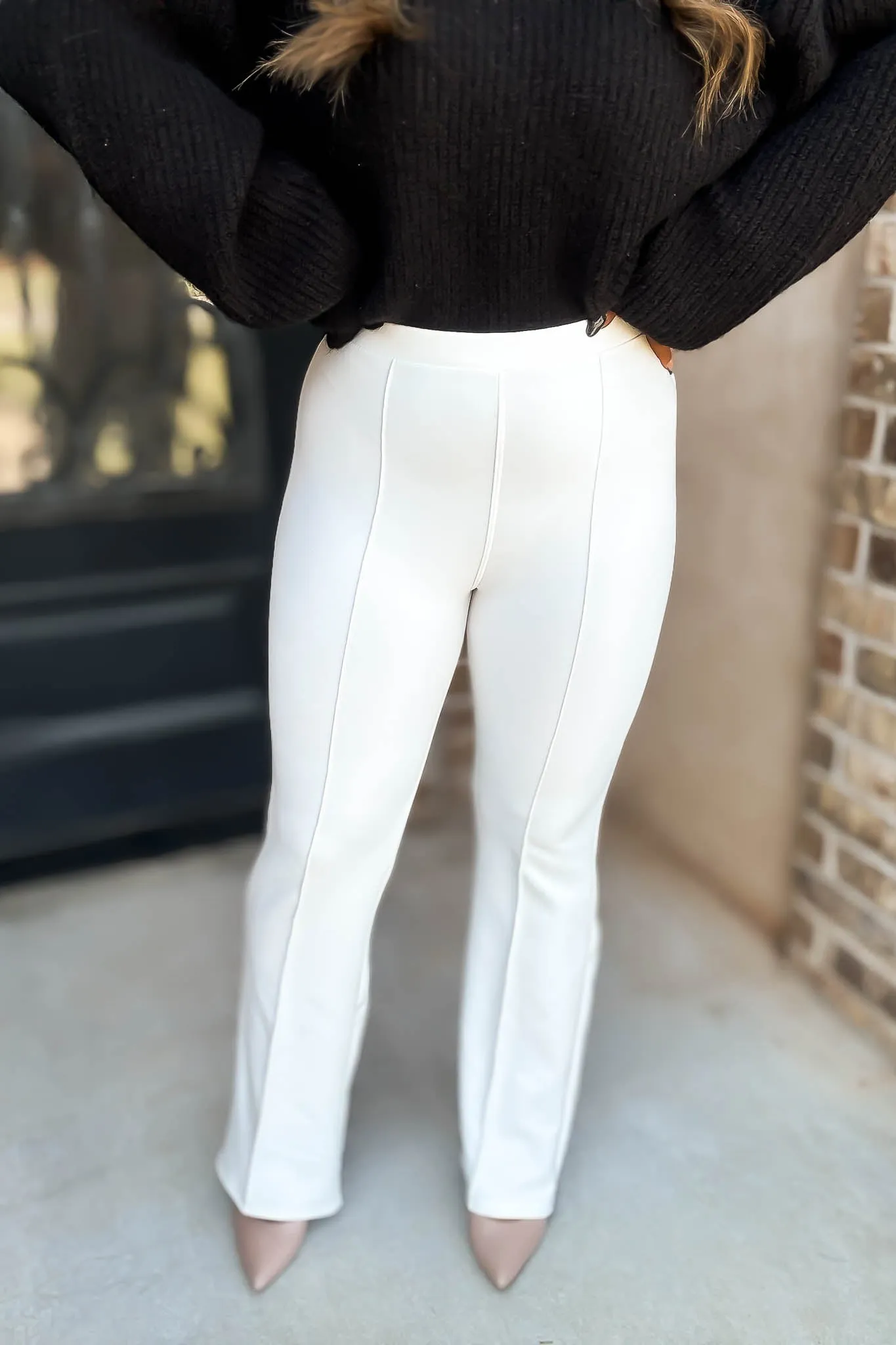 Business Casual Winter White Scuba Knit High Rise Pintuck Tailored Boot Pant