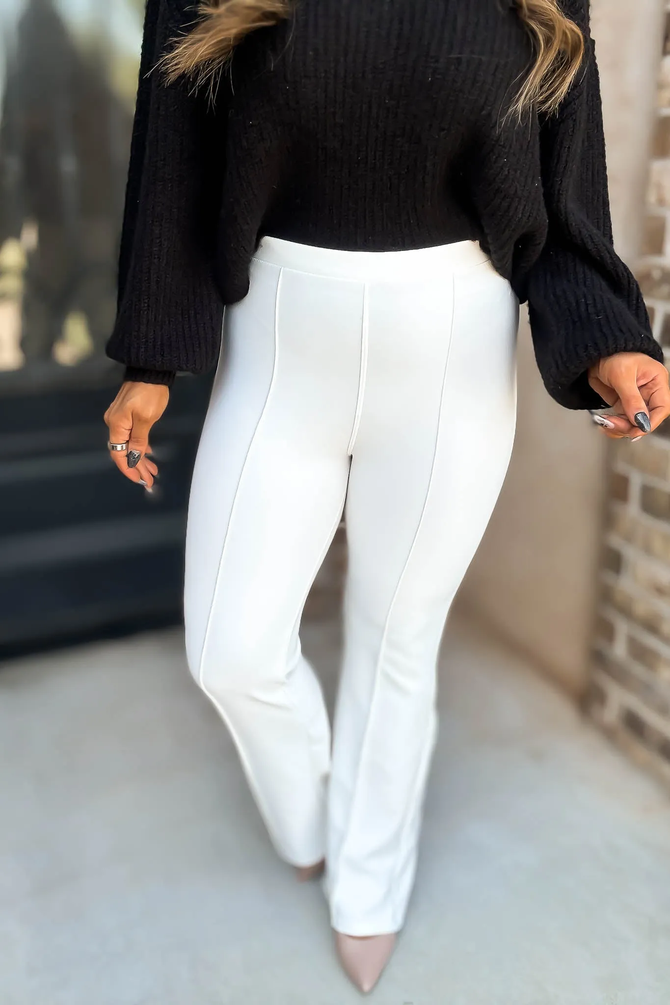 Business Casual Winter White Scuba Knit High Rise Pintuck Tailored Boot Pant