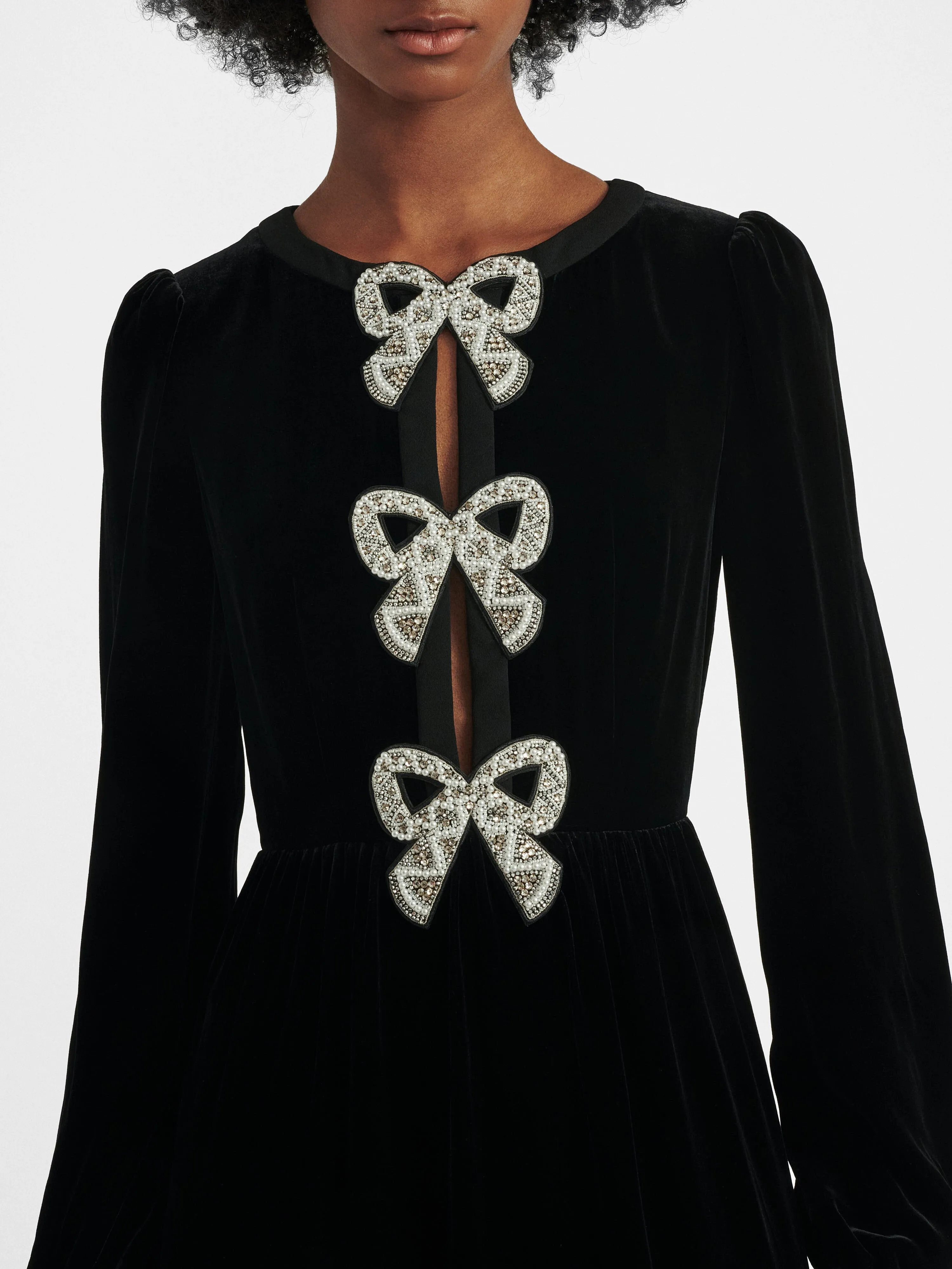 Camille Velvet Embellished Bows Mini Dress in Black