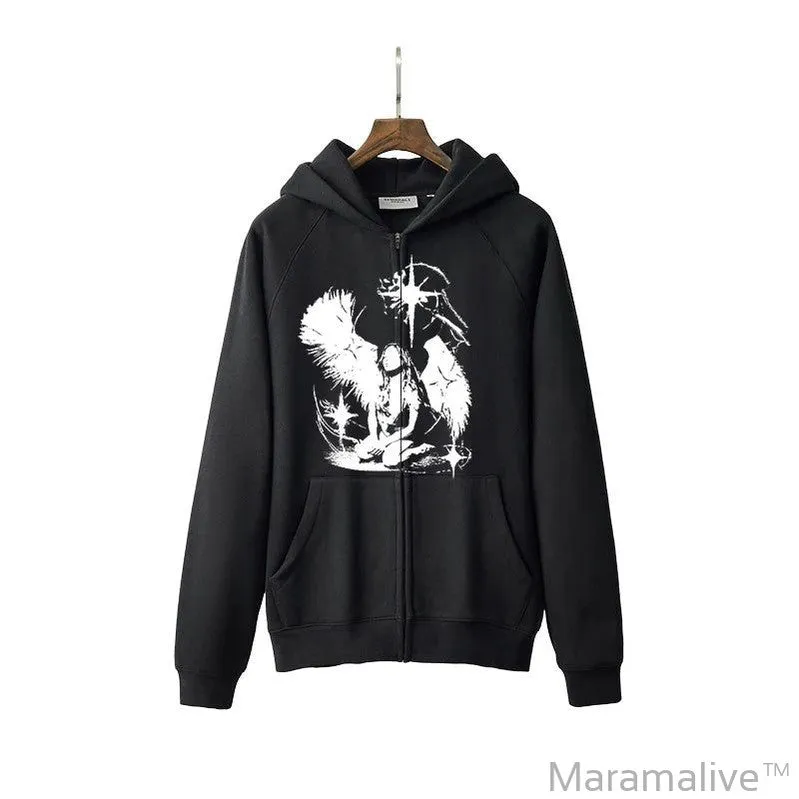 Casual Oversize Graphic Print Y2K Hooded Sweatshirt Hip Hop Streetwear Long sleeved Pullover Loose Rock Goth Hoodie Top