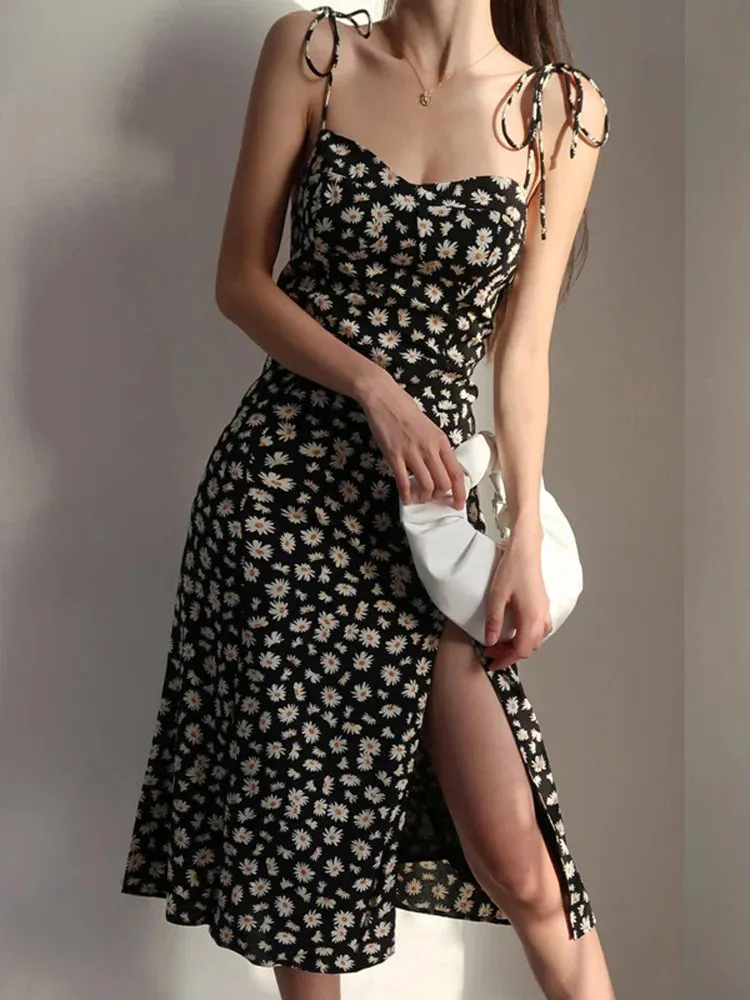 Casual Print Beach 2024 Elegant Vintage Style Slim Slit Summer Fit Suspenders Fashion New Floral Dress Dress