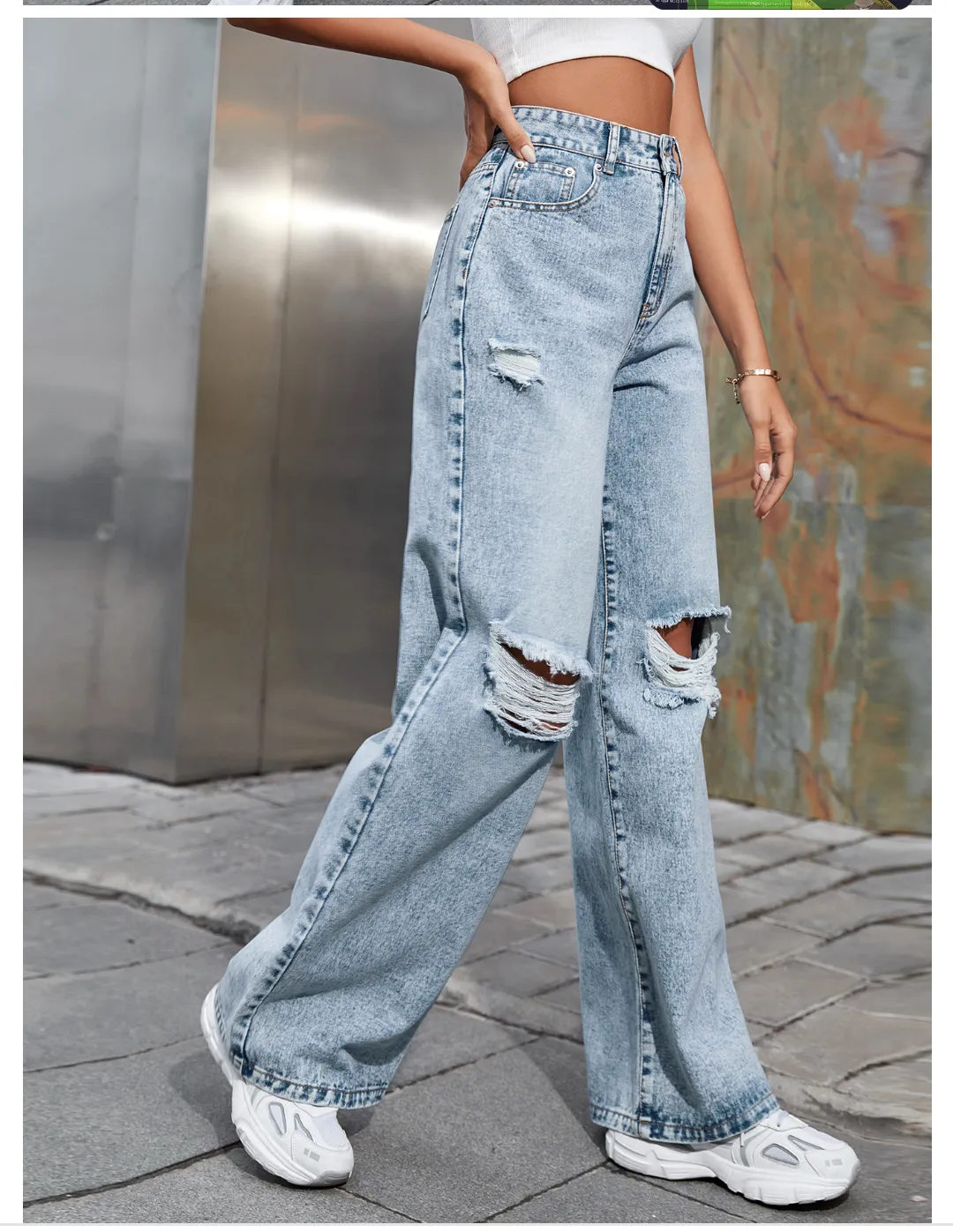 Casual Women Clothing Holes High Waist Wide Leg Pants Casual Denim Trousers Tide