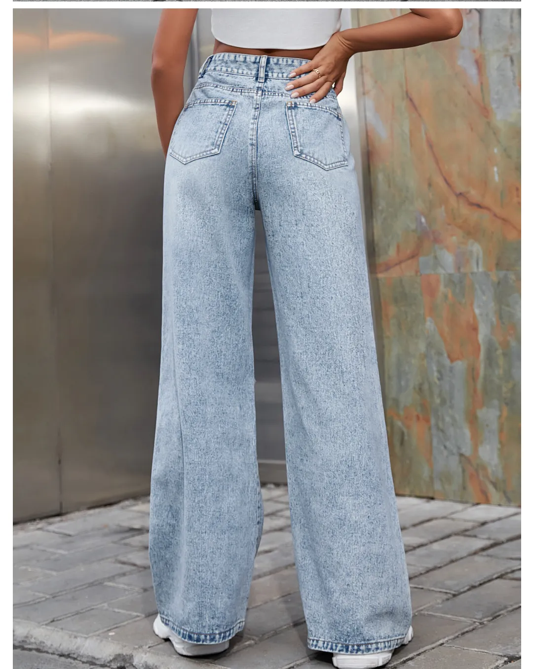 Casual Women Clothing Holes High Waist Wide Leg Pants Casual Denim Trousers Tide