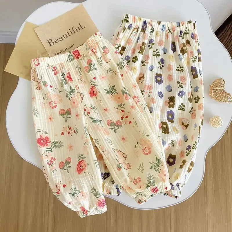 Children Girls' Spring Summer New Florals Print Bloomers Trousers Baby Loose Casual Kids Pants INS Mosquito Proof Harem Pants