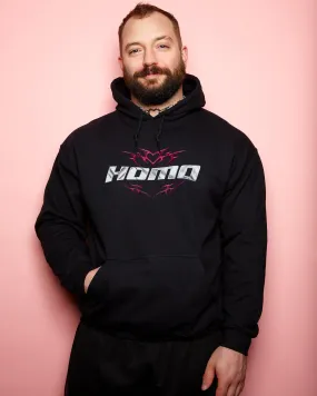 Chrome Y2K: HOMO, silver and pink on black - pullover hoodie.