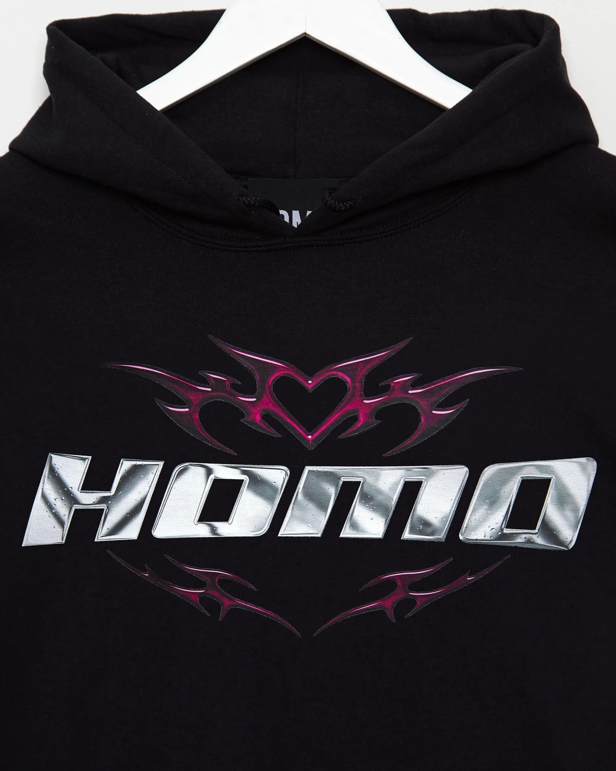 Chrome Y2K: HOMO, silver and pink on black - pullover hoodie.