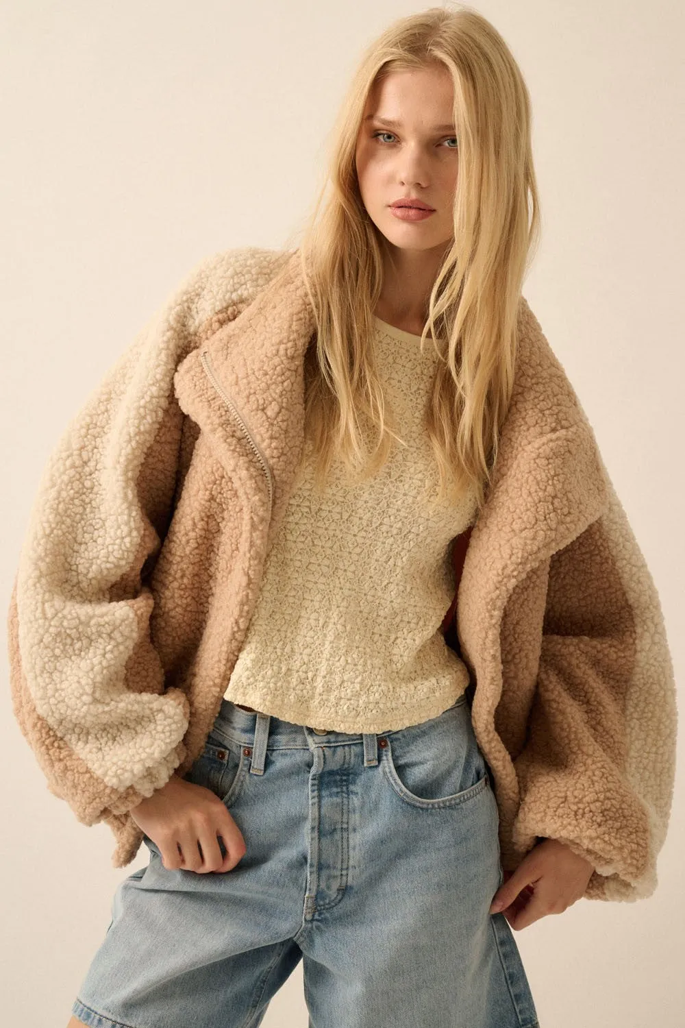 Color Block Sherpa Fleece Jacket