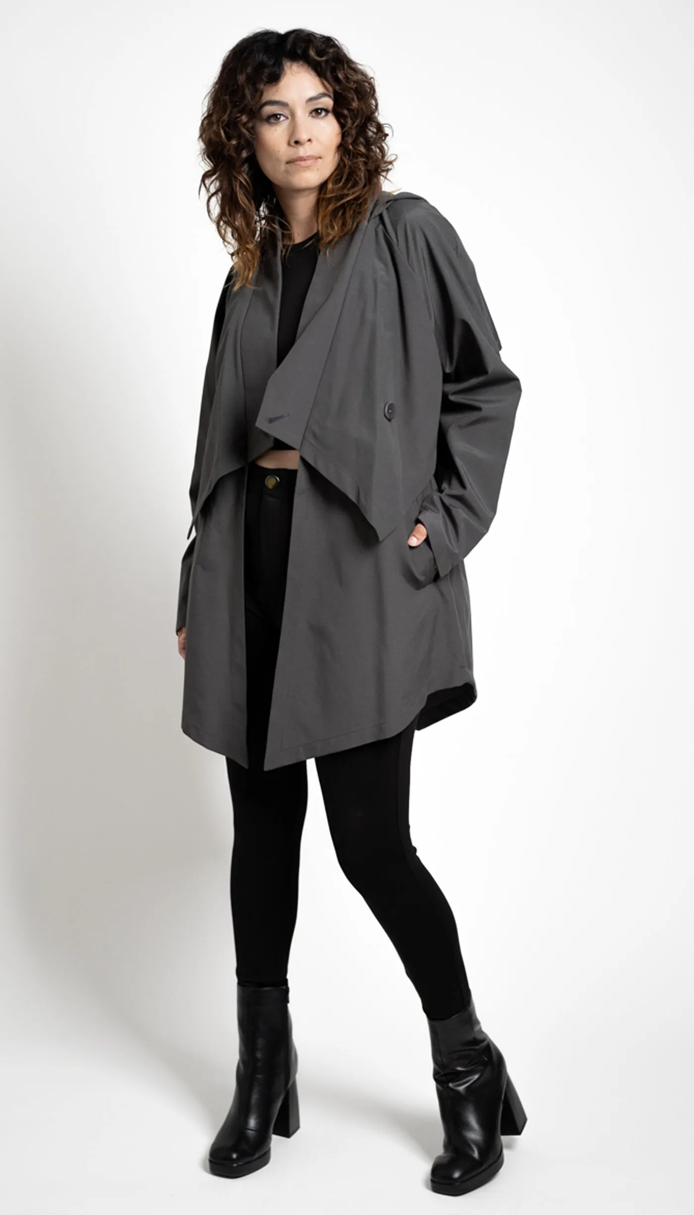 Convertible Hood Asymmetrical Rain Jacket / Grey