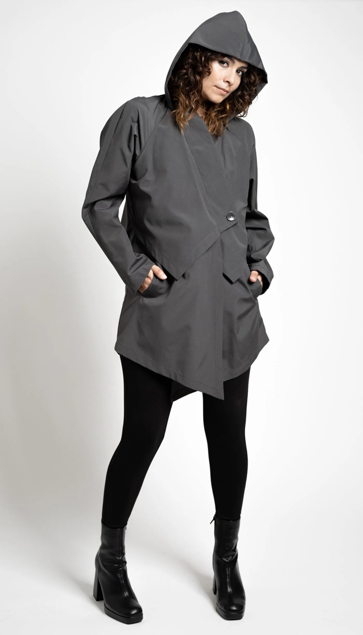 Convertible Hood Asymmetrical Rain Jacket / Grey