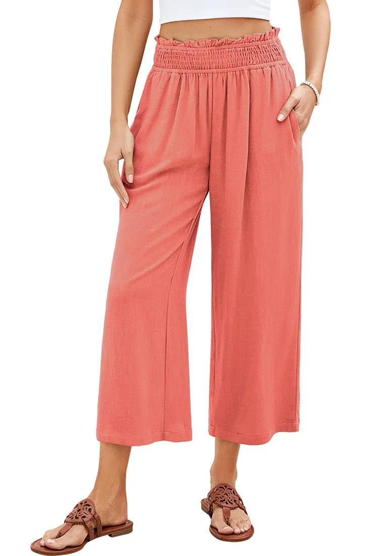 Coral Women's High Waisted Wide Leg Elastic Waist Linen Palazzo Pants Pull On Smock Waist Baggy Fit Trousers