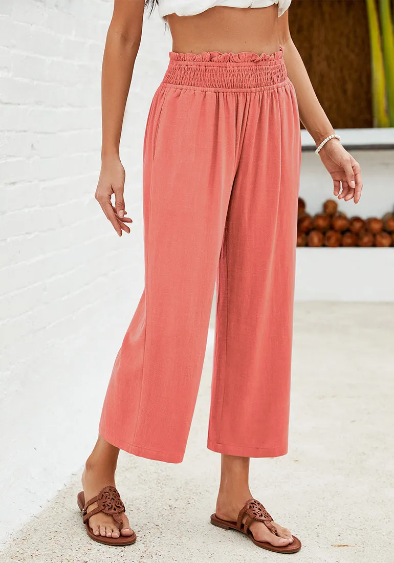 Coral Women's High Waisted Wide Leg Elastic Waist Linen Palazzo Pants Pull On Smock Waist Baggy Fit Trousers