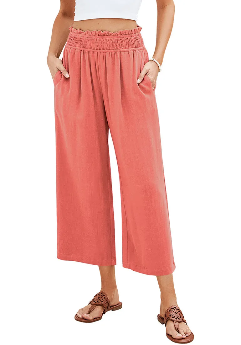 Coral Women's High Waisted Wide Leg Elastic Waist Linen Palazzo Pants Pull On Smock Waist Baggy Fit Trousers