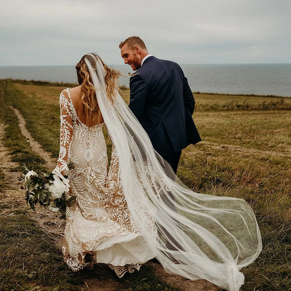 Country Boho Beach Destination Wedding Dress Two Pieces Lace Illusion Mermaid Bridal Gown