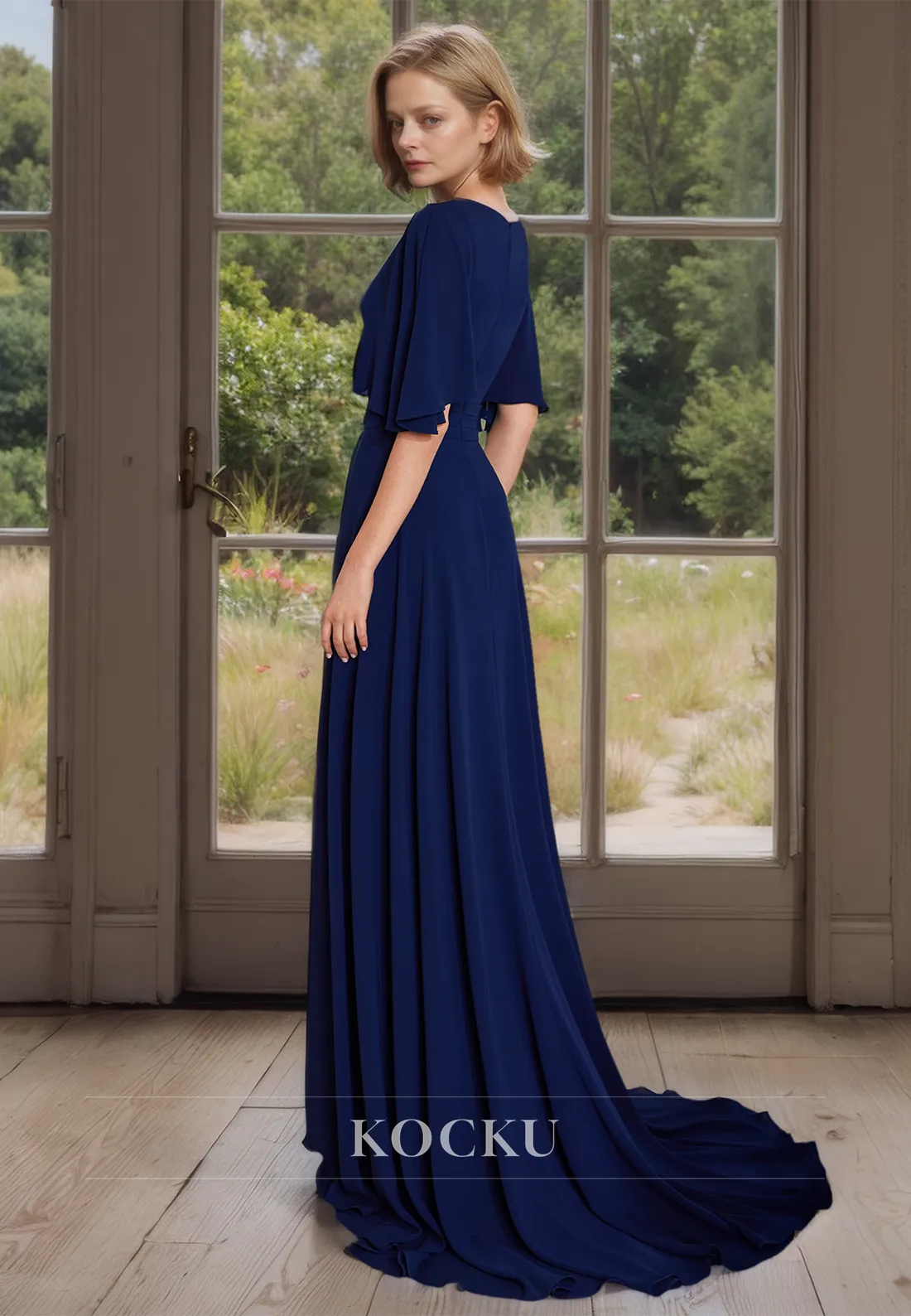 Couture & Ornate V-Neck A-Line Half Sleeves Sweep Train Chiffon Mother of the Bride Dress