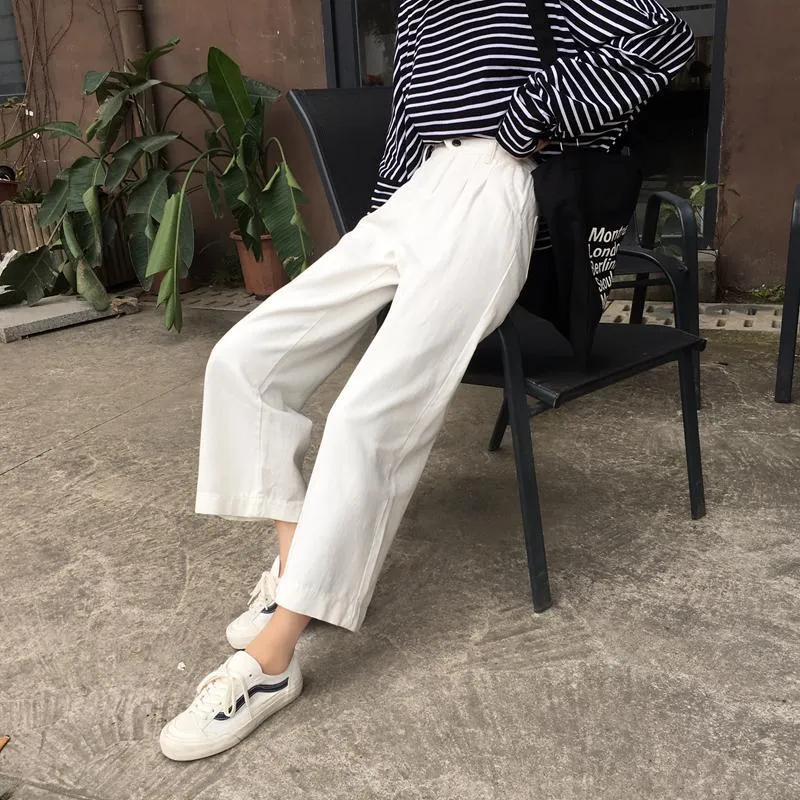 Creamy White High Waist Straight Casual Loose Pants