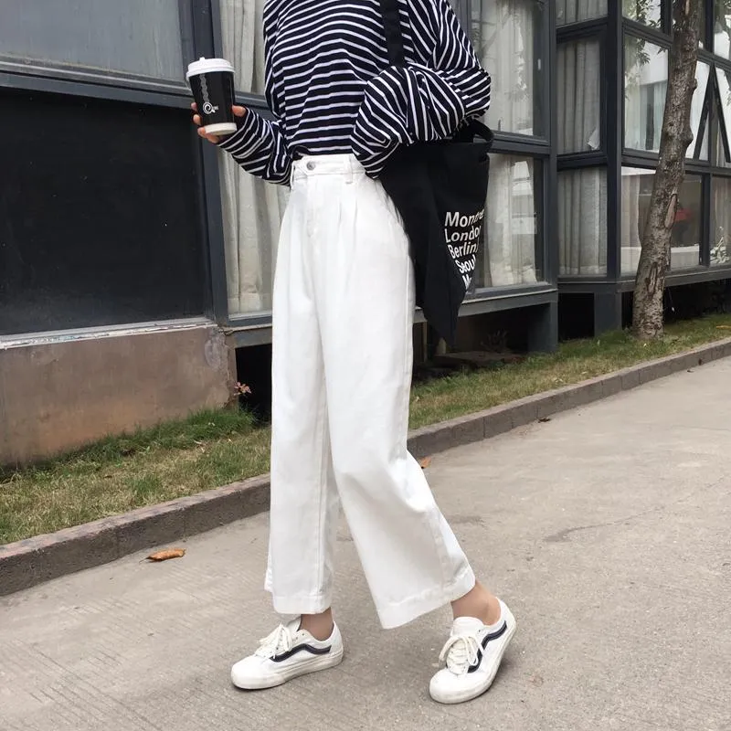 Creamy White High Waist Straight Casual Loose Pants