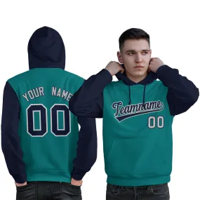 Custom Aqua Navy-Gray Raglan Sleeves Pullover Personalized Sweatshirt Hoodie