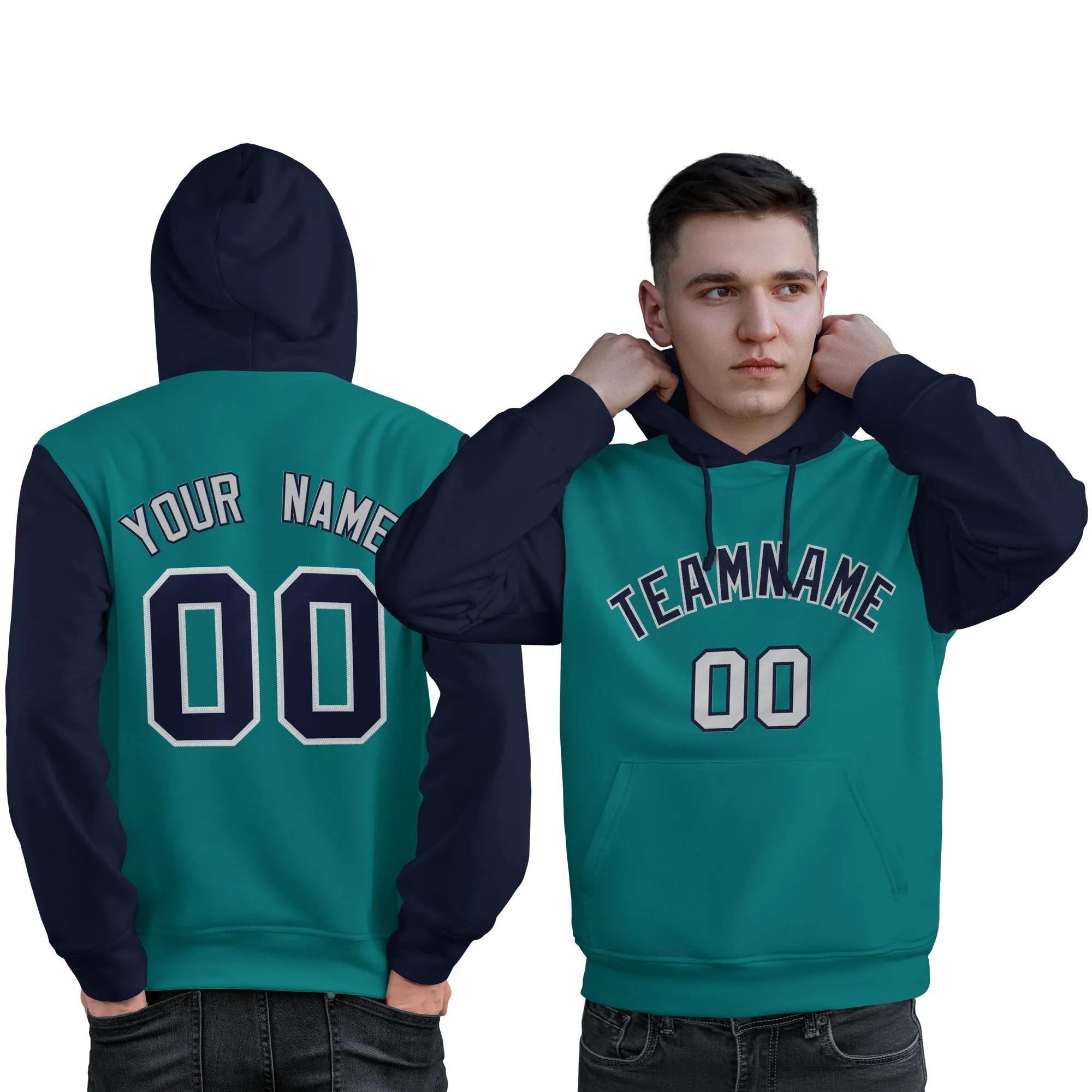 Custom Aqua Navy-Gray Raglan Sleeves Pullover Personalized Sweatshirt Hoodie