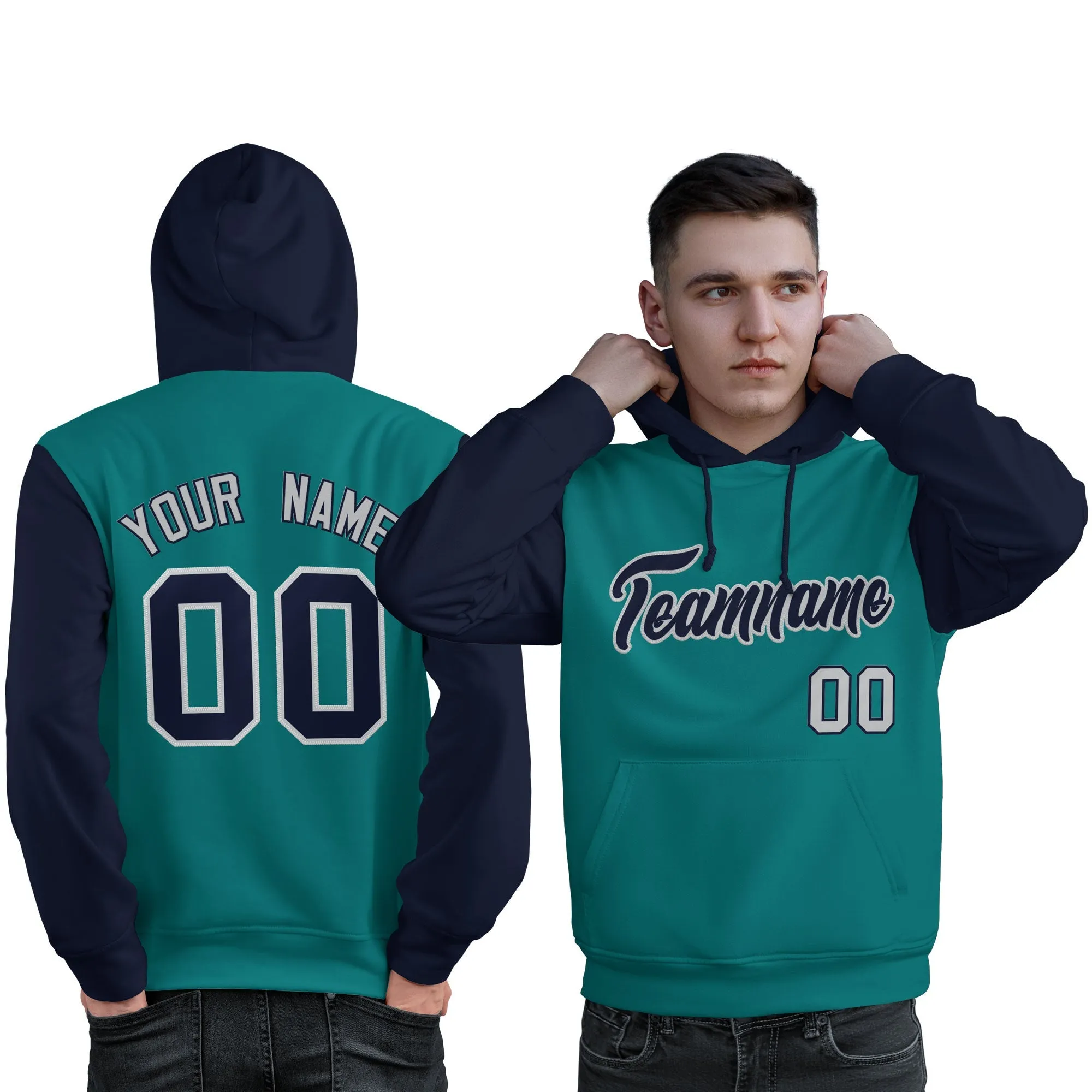 Custom Aqua Navy-Gray Raglan Sleeves Pullover Personalized Sweatshirt Hoodie