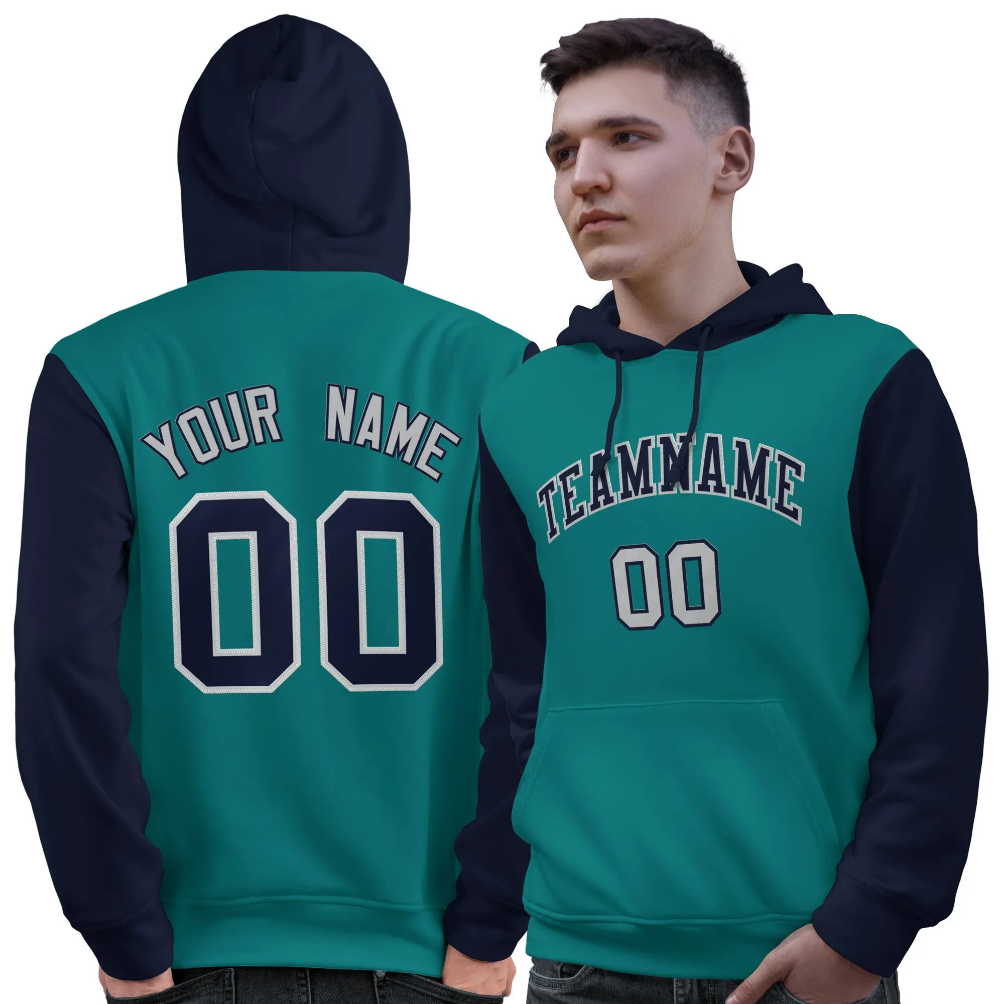 Custom Aqua Navy-Gray Raglan Sleeves Pullover Personalized Sweatshirt Hoodie