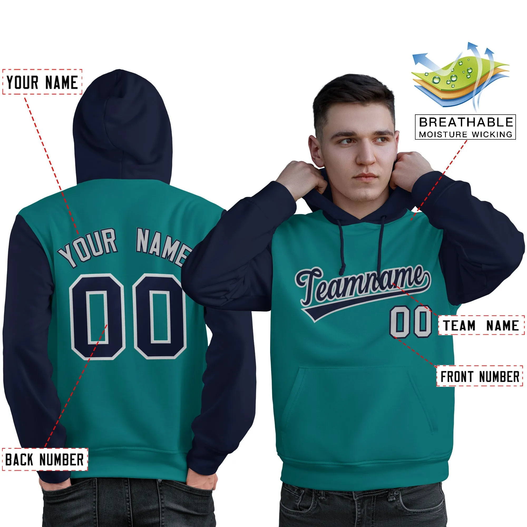 Custom Aqua Navy-Gray Raglan Sleeves Pullover Personalized Sweatshirt Hoodie