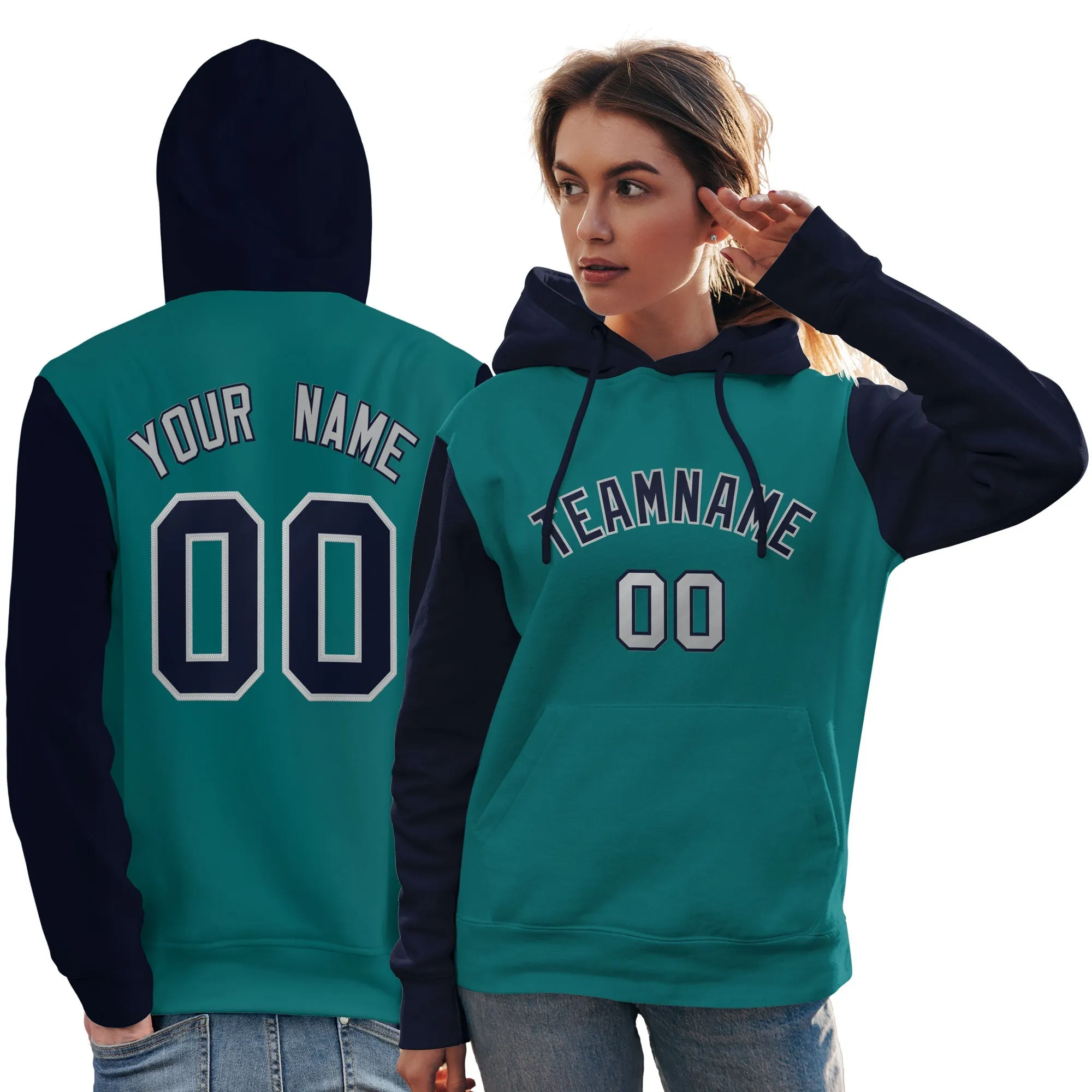 Custom Aqua Navy-Gray Raglan Sleeves Pullover Personalized Team Sweatshirt Hoodie