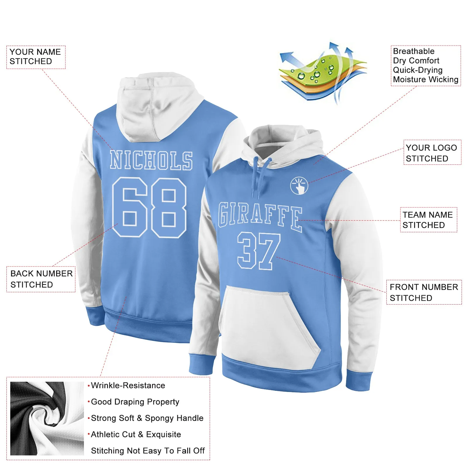 Custom Stitched Light Blue Light Blue-White Sports Pullover Sweatshirt Hoodie