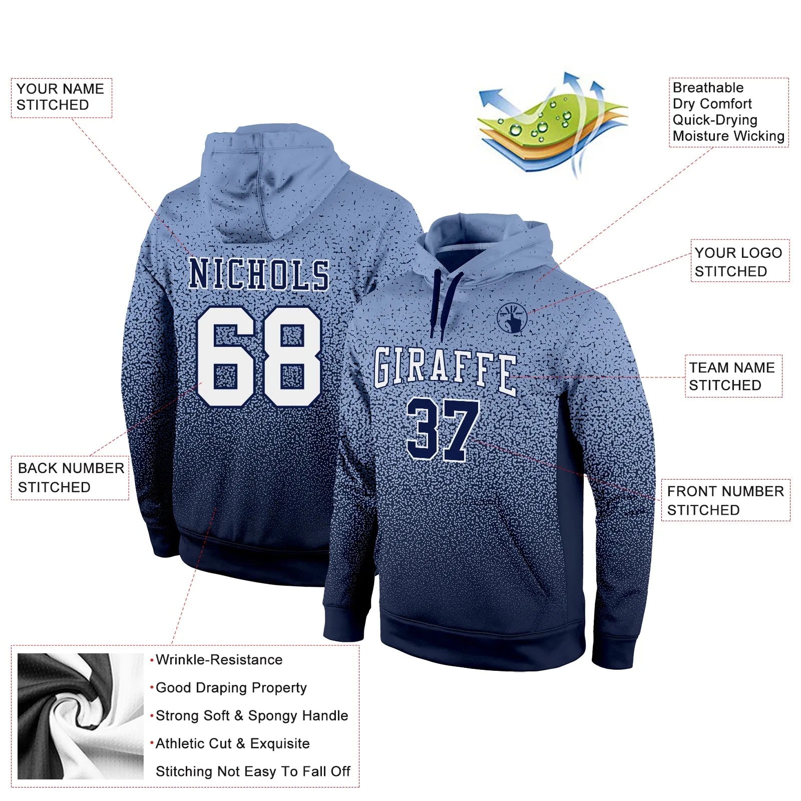 Custom Stitched Powder Blue White-Navy Fade Fashion Sports Pullover Sweatshirt Hoodie