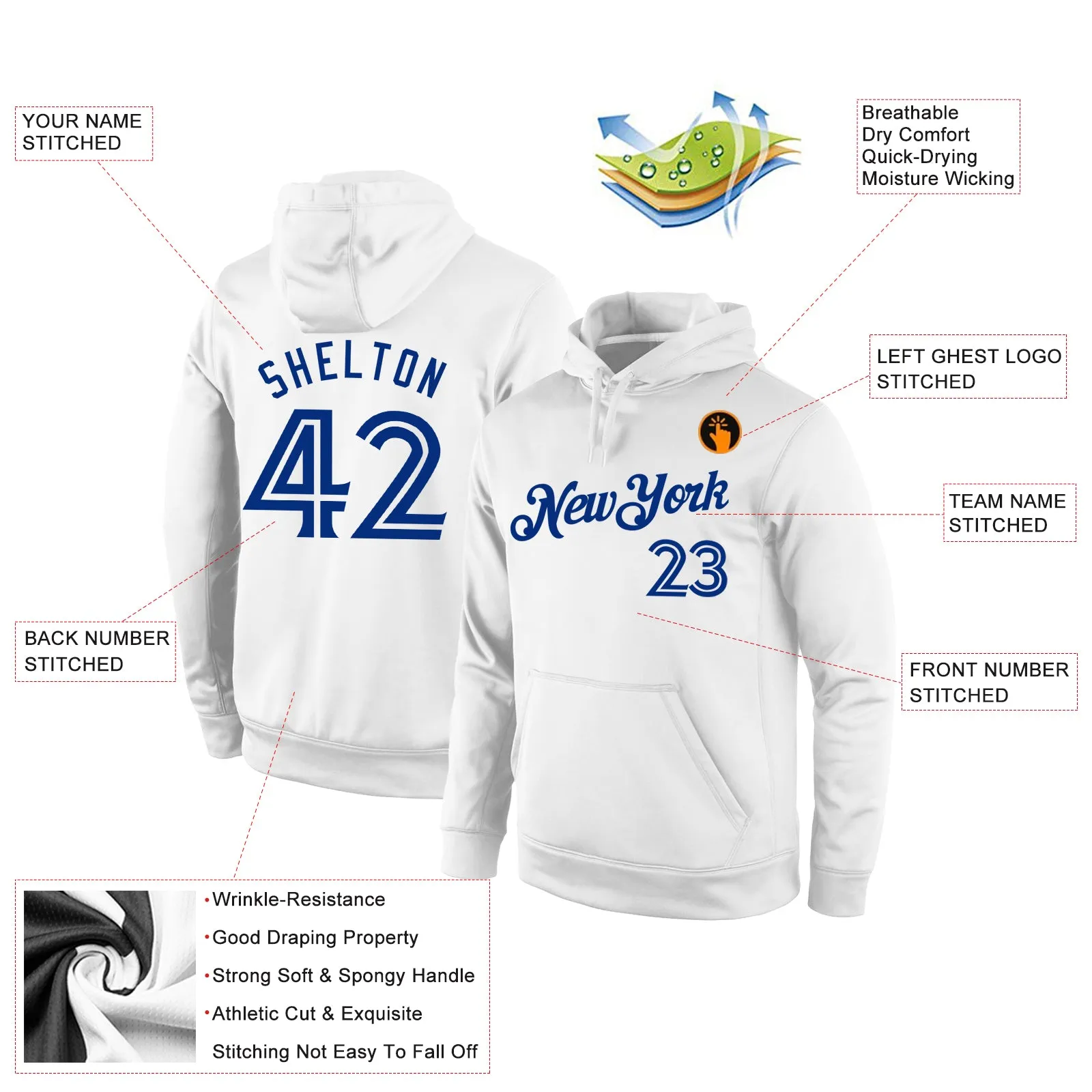 Custom Stitched White White-Royal Sports Pullover Sweatshirt Hoodie