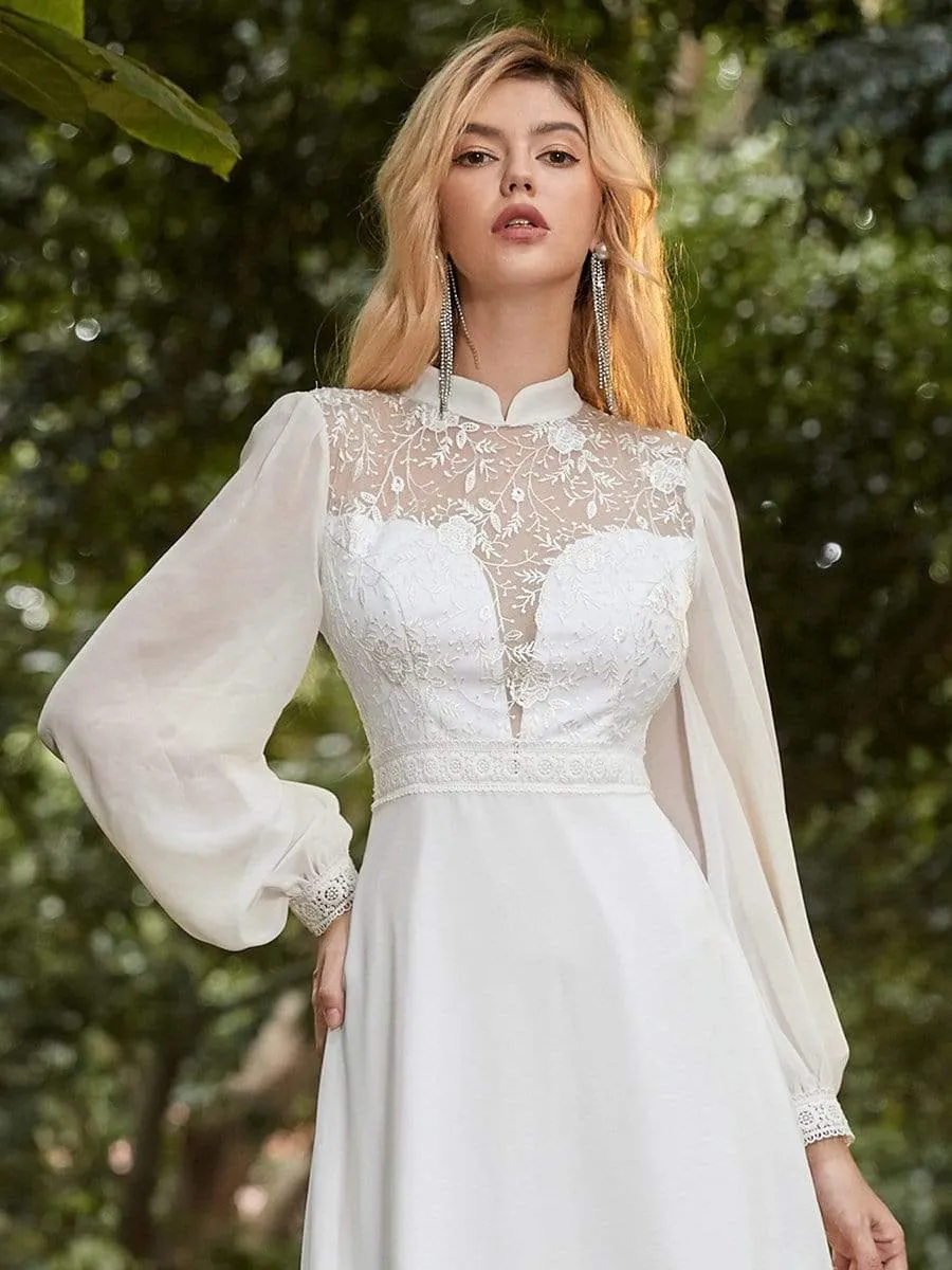 Dainty Floor Length Chiffon Wedding Dress with Mandarin Collar