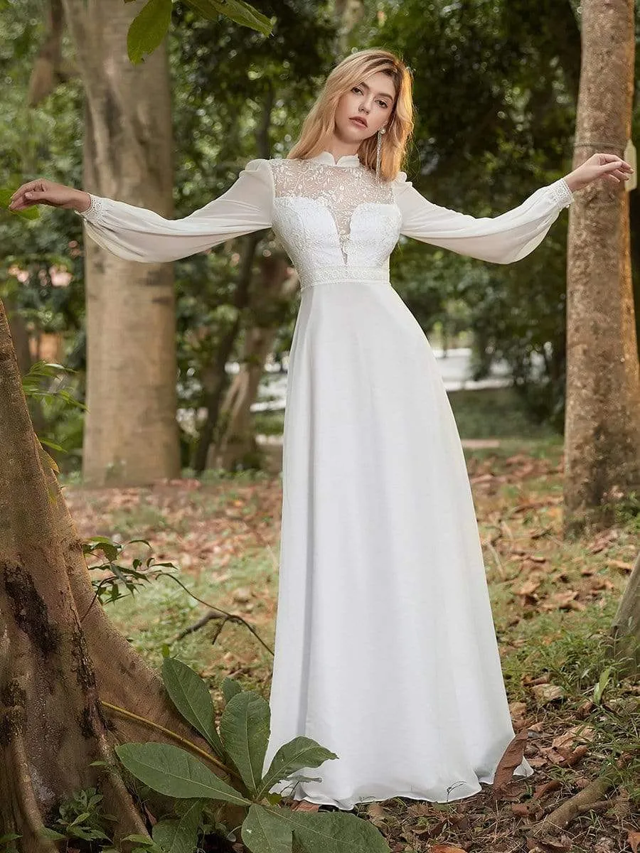 Dainty Floor Length Chiffon Wedding Dress with Mandarin Collar