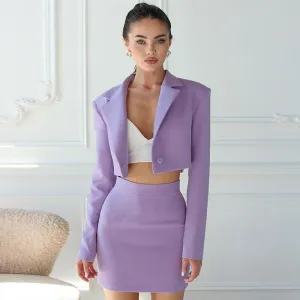 Dainty Lapel Collar Shoulder Pad Crop Blazer Bodycon Mini Skirt Matching Set - Purple