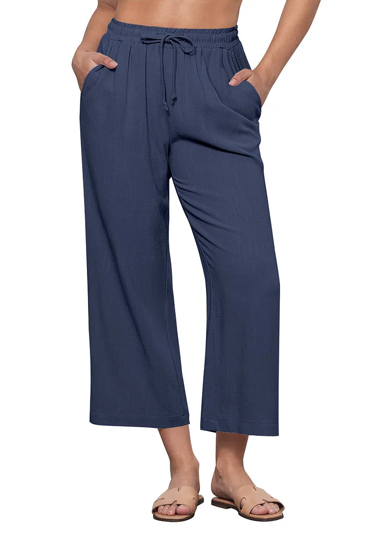 Dark Blue Women's Brief High Waist Trousers Elastic Waist Wide Leg Pants