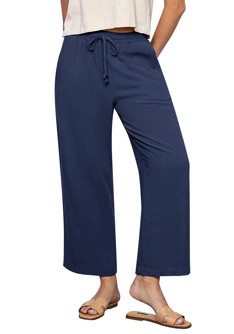 Dark Blue Women's Brief High Waist Trousers Elastic Waist Wide Leg Pants