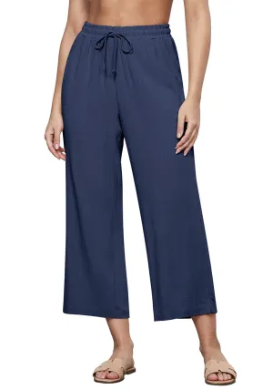 Dark Blue Women's Brief High Waist Trousers Elastic Waist Wide Leg Pants