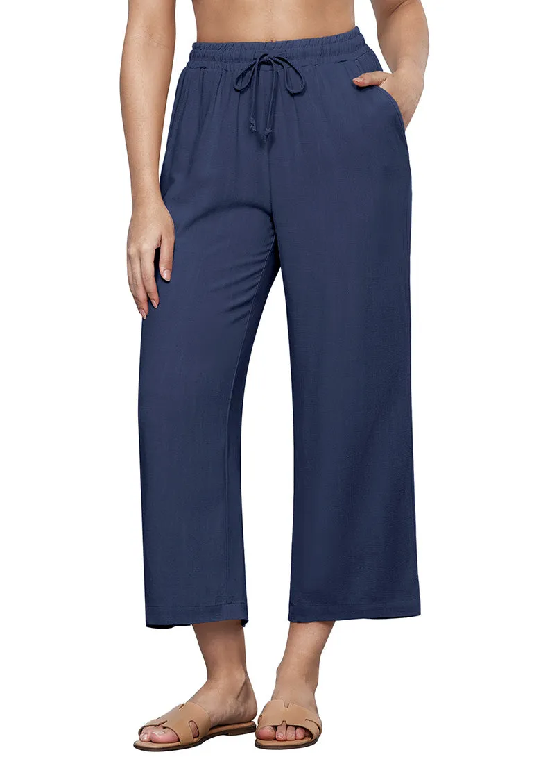 Dark Blue Women's Brief High Waist Trousers Elastic Waist Wide Leg Pants