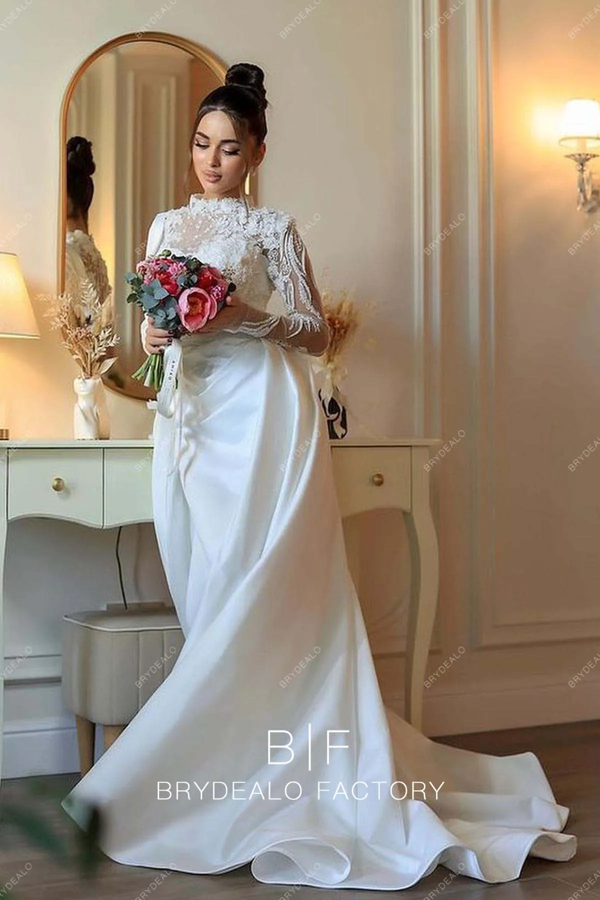 Designer Beaded Lace Long Sleeve Satin Overskirt Modern Wedding Dress