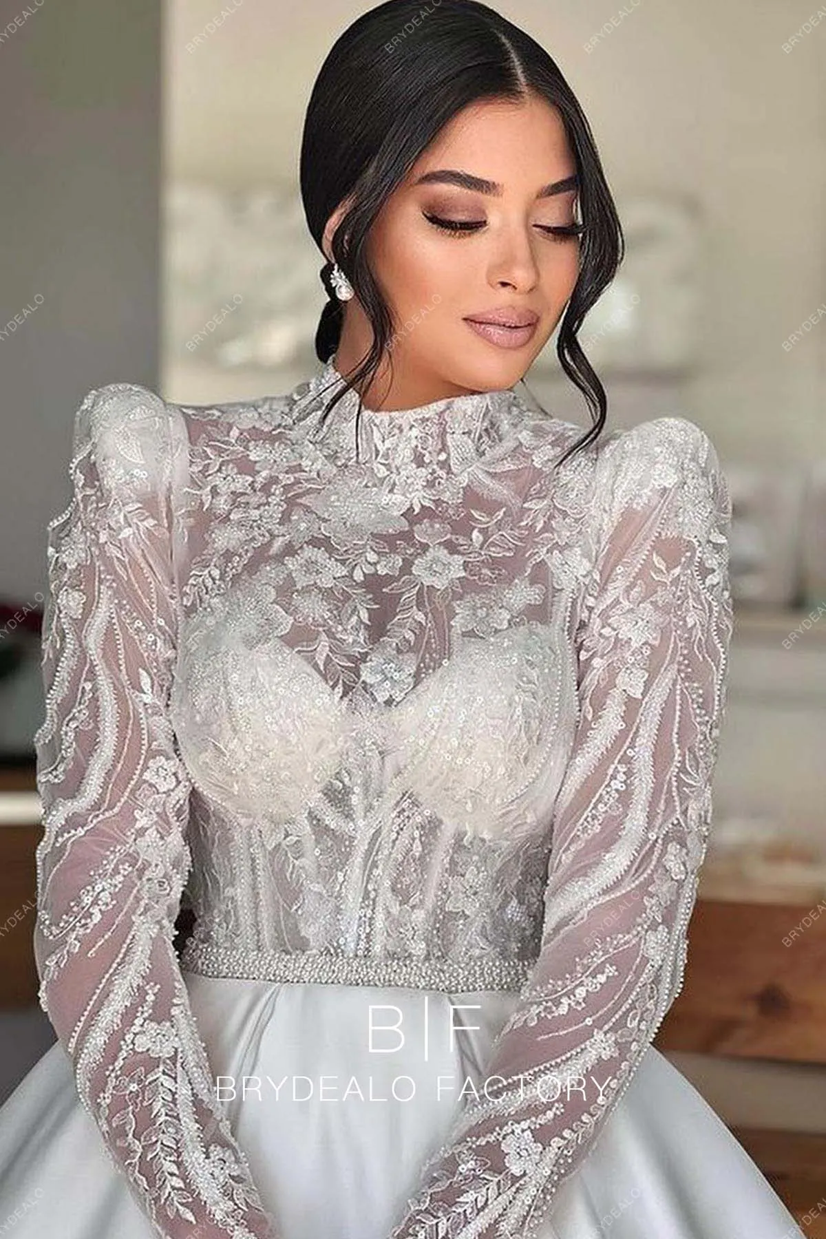 Designer Wild Lace Mock Neck Long Sleeve Ball Gown Satin Wedding Dress