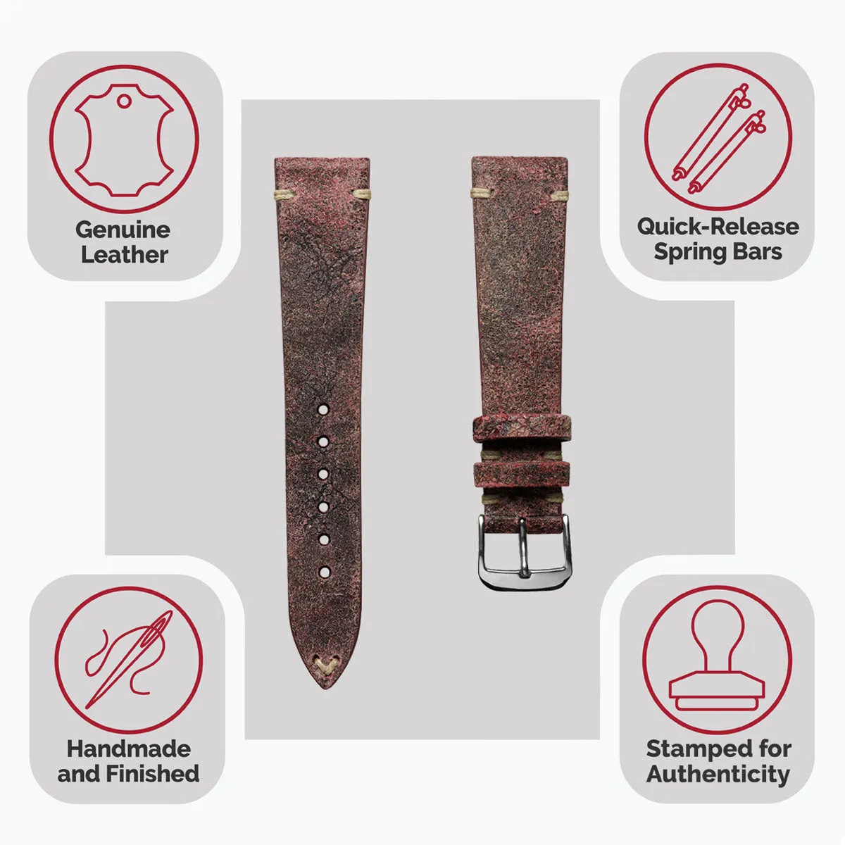 Dexter Cracked Finish Leather Watch Strap - Matte Bordeaux