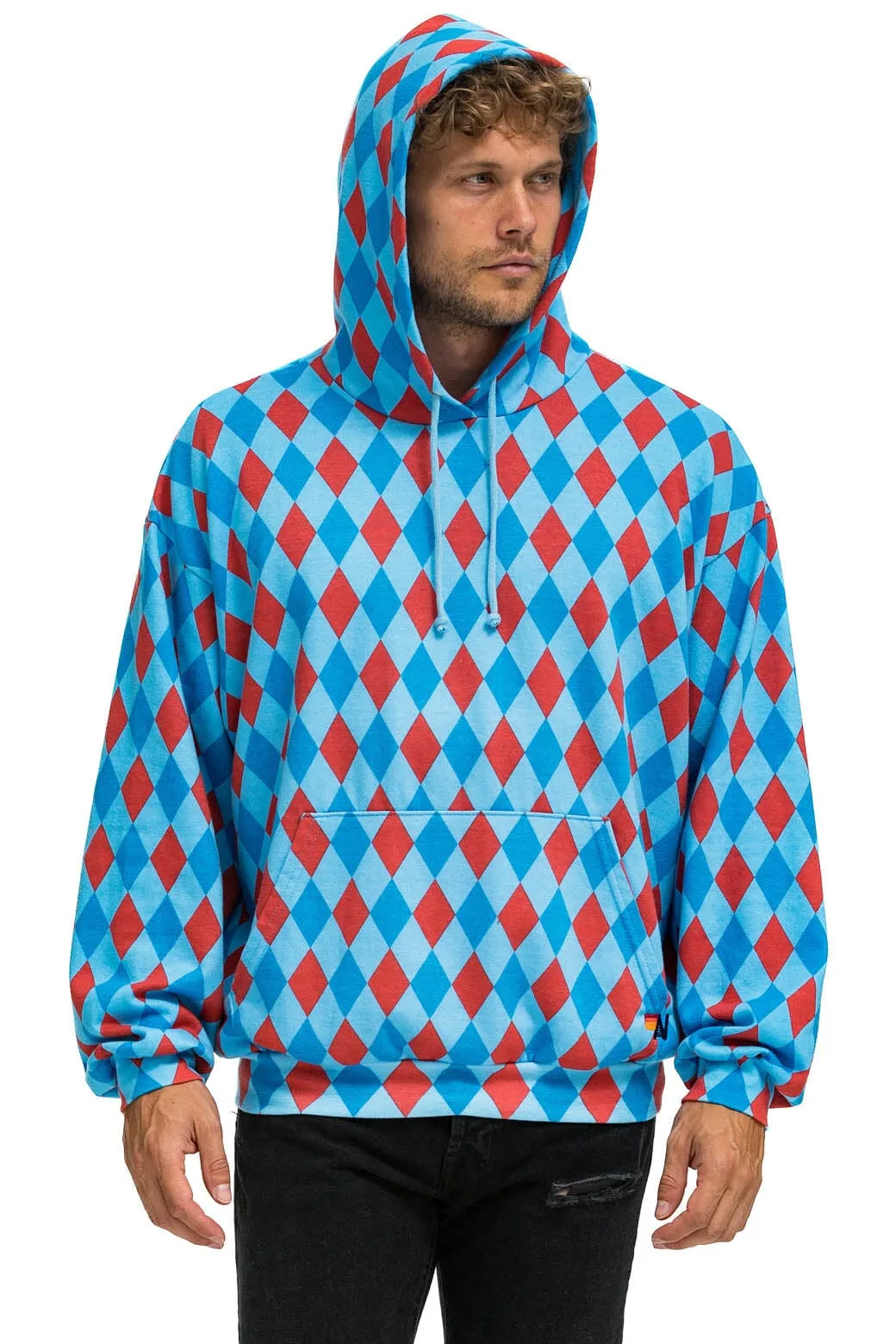 DIAMOND REPEAT SMILEY RELAXED PULLOVER HOODIE - SKY